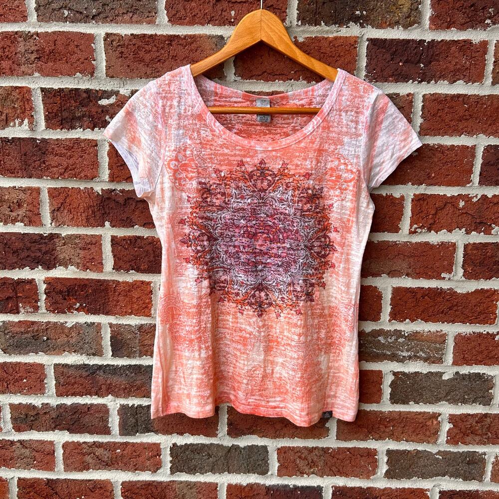 Prana Coral Pink Mandala Graphic Burnout T-Shirt  Size Medium